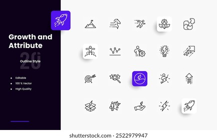 Personal growth lines icon set. Personal growth genres and attributes. Linear design. Lines with editable stroke. Isolated vector icons.