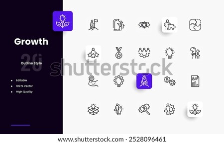 Personal growth lines icon set. Personal growth genres and attributes. Linear design. Lines with editable stroke. Isolated vector icons.