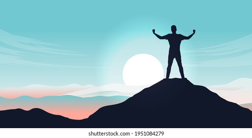 Personal growth - Male person standing on mountain peak after triumph and having overcome adversity. Mental strength and winner mentality concept. Vector illustration. - Shutterstock ID 1951084279