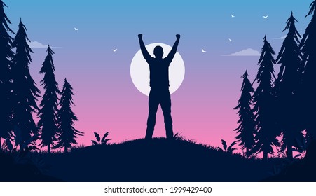 Personal growth - Man standing with arms raised cheering, feeling free and happy outdoors in nature at dusk. Vector illustration.