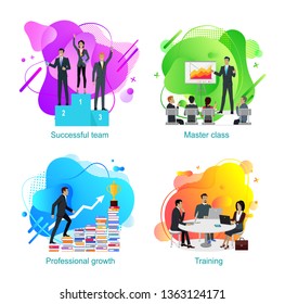 Personal Growth And Master Class Vector, Business Meeting Of People Dealing With Project Issue. Man Walking Up On Books Development And Achievement