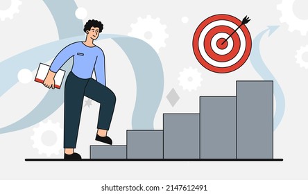 Personal growth metaphor. Man climbs steps towards goal, metaphor for leadership and motivation. Businessman develops company, talented entrepreneur or employee. Cartoon flat vector illustration