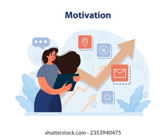 Personal growth. Motivation. Ambitious character' persistence and responsibility towards a goal. Success in challenges overcoming, inspirational progress. Flat vector illustration