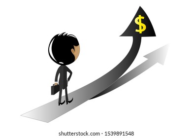 Personal growth and motivation concept with businessman looking at black upward road-arrow.