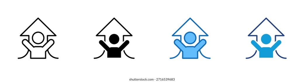 Vector de diseño de íconos de estilo múltiple de crecimiento personal: la persona levanta la mano frente a una flecha hacia arriba, simbolizando el logro, la motivación y el desarrollo personal