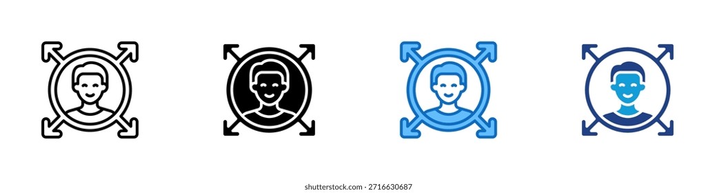 Vector de diseño de íconos de estilo múltiple de crecimiento personal: flecha circular con la persona dentro, que simboliza el desarrollo, el mejoramiento y la expansión personal