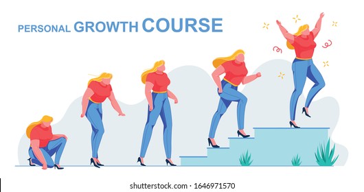 Personal Growth Online Course, Raising Self-esteem. Woman in Ordinary Clothes Ascend Steps Self-esteem. At First she Stand on one Knee with Head Bowed, but each Time she Look Forward more and more.