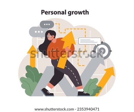 Personal growth. Professional or personal development. Employee soft skill progress. Effective goal-setting, motivation and time management. Flat vector illustration