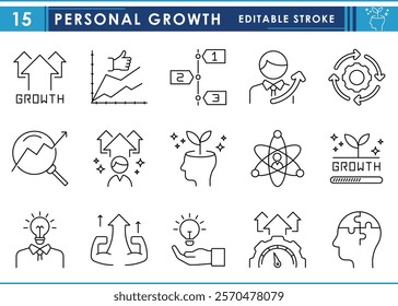 Personal Growth related line icons set. Personal, mental, physical, strength, grow, increase, success, graph, innovative, and so on. Vector editable stroke.