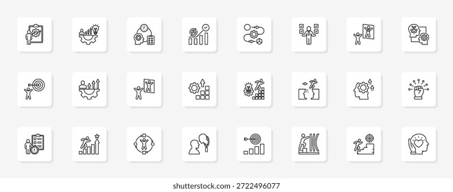 Personal Growth And Self Development Cohesive set of minimalist vector icons representing key ideas with visual clarity