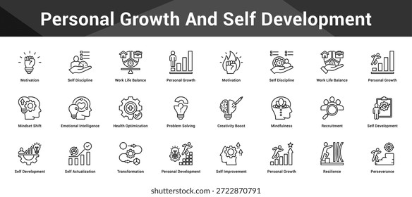 Crecimiento personal y autodesarrollo Conjunto coherente de iconos vectoriales minimalistas que representan ideas clave con claridad visual