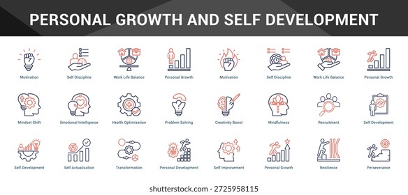Crecimiento personal y autodesarrollo Conjunto coherente de iconos vectoriales minimalistas que representan ideas clave con claridad visual