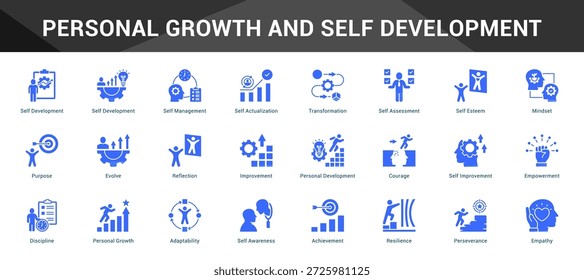 Crecimiento personal y autodesarrollo Conjunto coherente de iconos vectoriales minimalistas que representan ideas clave con claridad visual