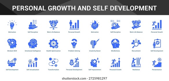 Crecimiento personal y autodesarrollo Conjunto coherente de iconos vectoriales minimalistas que representan ideas clave con claridad visual