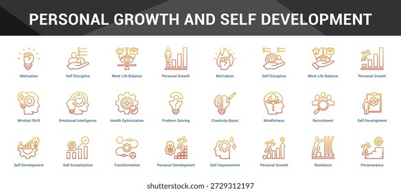 Crecimiento personal y autodesarrollo Conjunto coherente de iconos vectoriales minimalistas que representan ideas clave con claridad visual