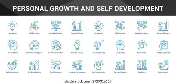 Crecimiento personal y autodesarrollo Conjunto coherente de iconos vectoriales minimalistas que representan ideas clave con claridad visual