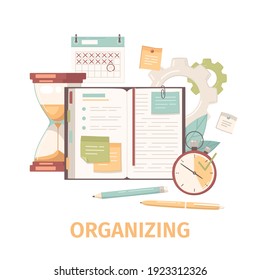 Personal growth self development composition with text and icons of gear with pencil calendar and notepad vector illustration
