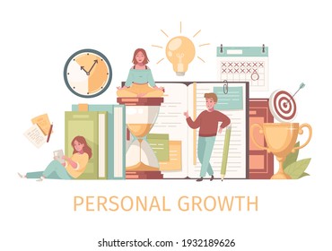 Personal growth self development composition with text and human characters with notebooks target and time icons vector illustration