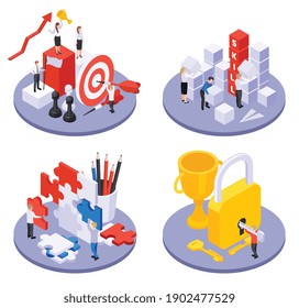 Concepto de autodesarrollo de crecimiento personal 4 composiciones isométricas con éxito hourglass clave trofeo símbolos vectores ilustración vectorial