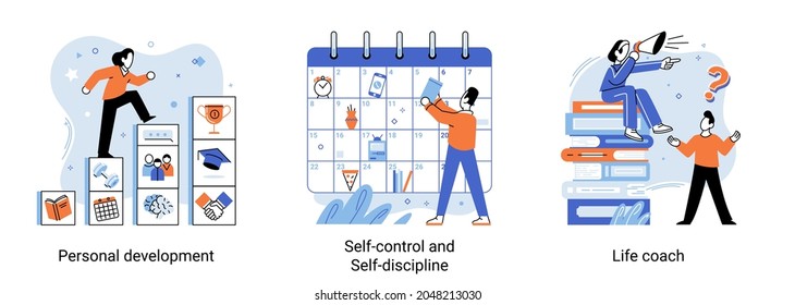 Personal growth, self development concept. Self control and discipline, life coach abstract icon set. Metaphor growth personality as success stairs. Tiny people that self-improvement, self development