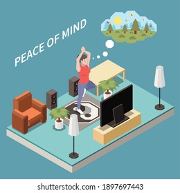 Personal growth self development isometric composition with living room man doing home exercise imagining wild place vector illustration