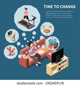 Personal growth self development isometric background with woman sitting in front of tv dreaming of activities vector illustration