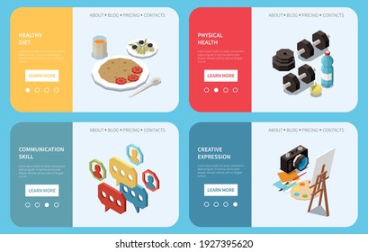 Personal growth self development isometric set of four horizontal banners with editable text and page buttons vector illustration