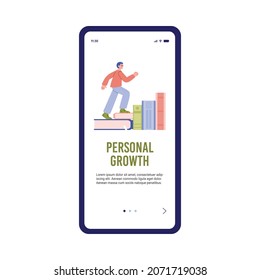 Personal growth, self development, learning and education. Mobile phone screen with tiny man climbing up on books as metaphor for skills and growing personality. Vector illustration