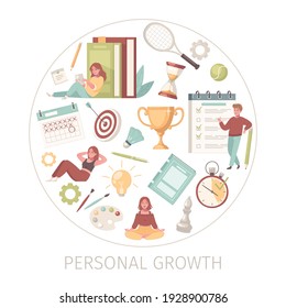 Personal growth self development round composition with isolated icons of productivity inside circle with editable text vector illustration