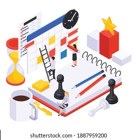 Personal growth self development symbols isometric composition with hourglass task planner clock chess pieces podium vector illustration