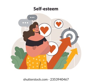 Personal growth. Self-esteem. Employee soft skill progress. Positive female character expressing self love and care. Positive mind and confidence. Flat vector illustration