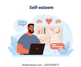 Personal growth. Self-esteem. Employee soft skill progress. Positive female character expressing self love and care. Positive mind and confidence. Flat vector illustration