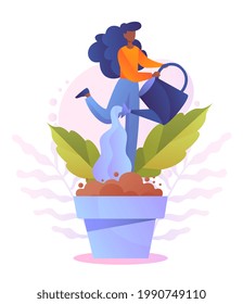 Personal growth, self-improvement, career progress performance, tiny cute afro woman watering herself. Flat abstract metaphor cartoon vector illustration concept design isolated on white background