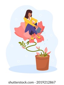 Personal growth, self-improvement, career progress performance, tiny cute woman watering herself. Flat abstract metaphor cartoon vector illustration concept design banner isolated on white background