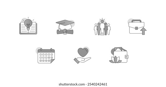 Personal Growth and Self-Improvement. Icons Included: Open Book with Lightbulb, Hand with Heart, Graduation Cap with Diploma, Briefcase with Arrow Up, Trophy with Star