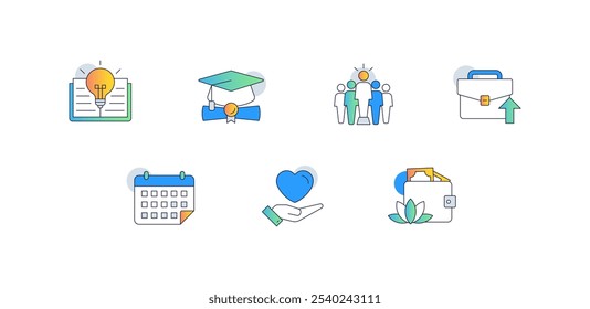 Personal Growth and Self-Improvement. Icons Included: Open Book with Lightbulb, Hand with Heart, Graduation Cap with Diploma, Briefcase with Arrow Up, Trophy with Star