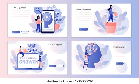 Crecimiento personal, automejora, autodesarrollo. Plantilla de pantalla para teléfono móvil inteligente, página de inicio, plantilla, ui, web, aplicación móvil, afiche, banner, volante. Estilo moderno de dibujos animados planos. Vector