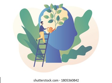 Personal growth. Self-improvement and self development concept. Tiny man watering that growing plant from the brain as metaphor growth personality. Modern flat cartoon style. Vector illustration