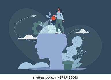 Personal growth, Self-improvement and Self development concepts. Tiny woman watering plant growing from the brain. Personal growth metaphor. Flat cartoon vector illustration. Abstract metaphor