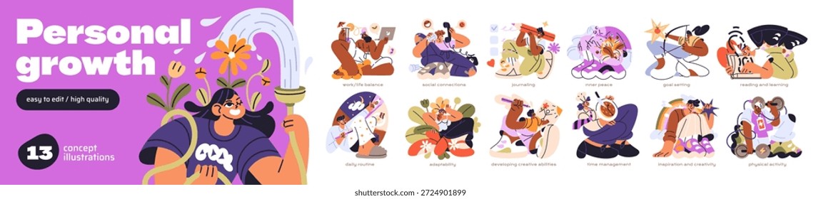 Conjunto de crescimento pessoal. Conceitos de autocuidado, desenvolvimento, melhoria de habilidades e habilidades. Equilíbrio entre trabalho e vida, consciência, aprendizagem e saúde mental. Ilustrações isoladas planas de vetor em branco