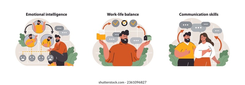 Personal growth set. Professional or personal development. Employee soft skill progress. Effective goal-setting, motivation and time management. Flat vector illustration