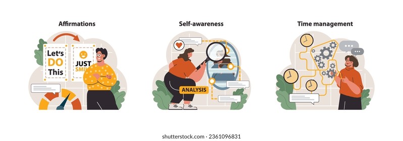 Personal growth set. Professional or personal development. Employee soft skill progress. Effective goal-setting, motivation and time management. Flat vector illustration