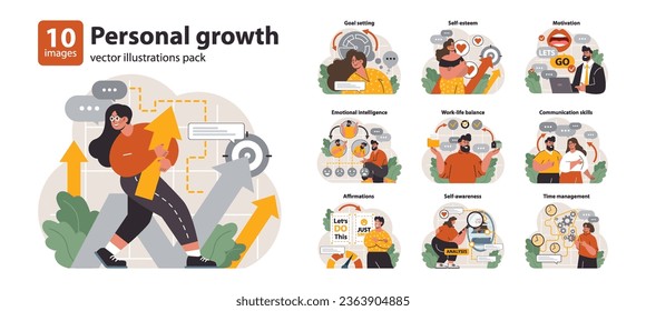 Personal growth set. Professional or personal development. Employee soft skill progress. Effective goal-setting, motivation and time management. Flat vector illustration