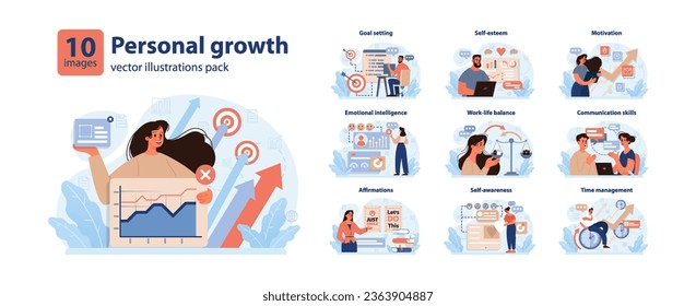 Persönliches Wachstum. Professionelle oder persönliche Entwicklung. Mitarbeiterfortschritt Effektive Zielsetzung, Motivation und Zeitmanagement. Flache Vektorgrafik