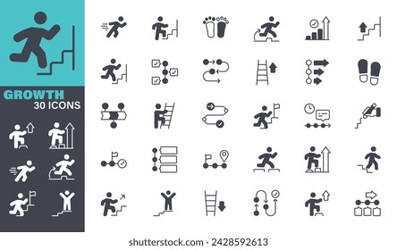 Personal Growth set. Solid icon collection. Vector graphic elements, Icon Symbol, Leadership, Learning, Career, Skill, Motivation, Moving Up, Winner, Success, Competition