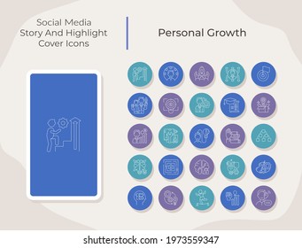 Personal growth social media story and highlight cover icons set. Self development. Trendy template for bloggers. White linear pictograms collection. Thin line drawings pack for branding