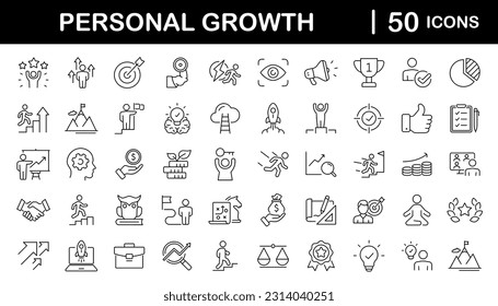 Personal growth and success set of web icons in line style. Growth andsuccess icons for web and mobile app. Growth profit, career progress, business people, strategy, coaching, tutorship, success