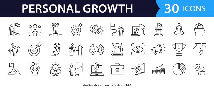 Personal growth and success set of web icons in line style. Growth andsuccess icons for web and mobile app. Growth profit, career progress, business people, strategy, coaching, tutorship, success