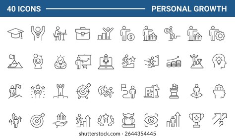 Crescimento pessoal e conjunto de ícones da Web de sucesso em estilo de linha. Ícones de crescimento e sucesso para aplicativos móveis e da Web. Lucro de crescimento, progressão de carreira, pessoas de negócios, estratégia, treinamento, tutoria, sucesso
