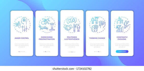 Personal growth technique blue onboarding mobile app page screen with concepts. Achieve goal walkthrough 5 steps graphic instructions. UI vector template with RGB color illustrations
